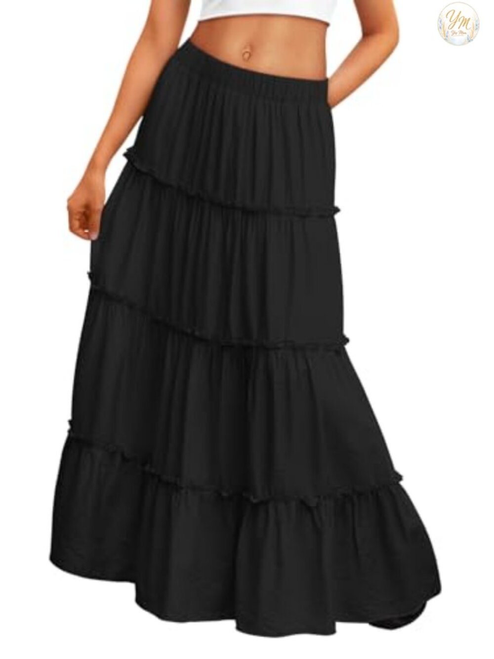 Boho Maxi Skirt with Pockets High Waisted A-Line Ruffle Hem